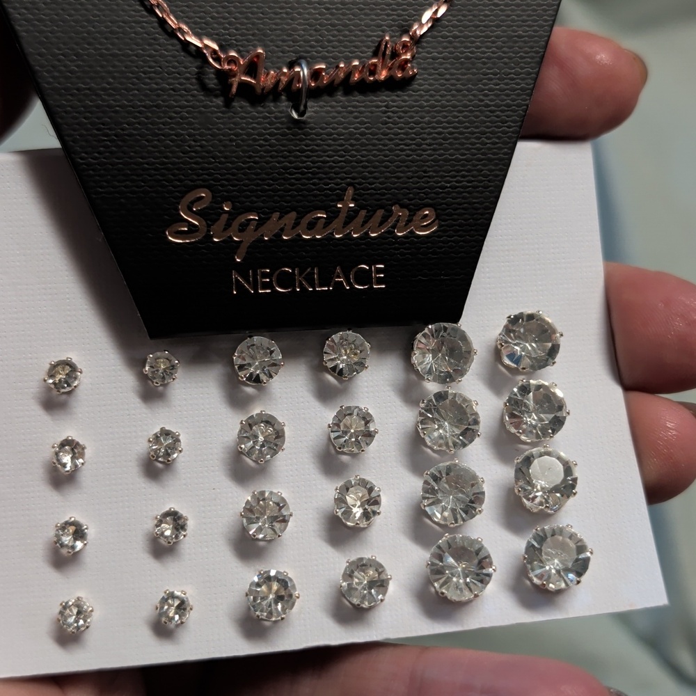 12 Pair Of CZ Earrings Silver And Rose Gold Amanda Signature Necklace Bundle